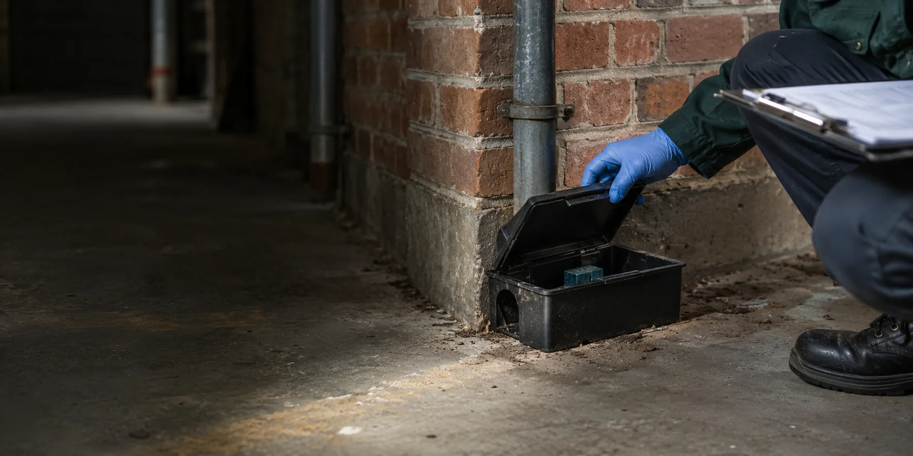 Pest management professional inspecting a rodent monitoring station