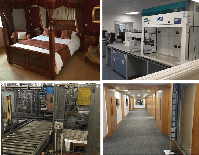 Photographs of hospitality, laboratory, industrial and office settings from PestTrain